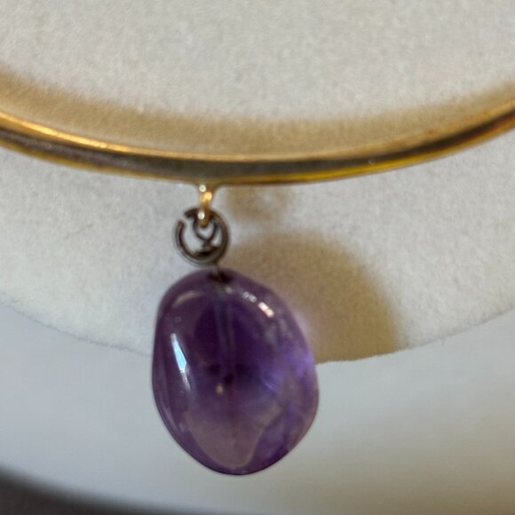 Gold tone Silver 925 Oval Vermeil Purple Amethyst Dangle Charm Bangle Bracelet - Picture 10 of 12